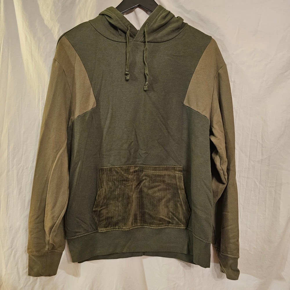 Sun‎ + Stone Mens Olive Green Colorblock Corduroy Pocket Fleece Hoodie Large
